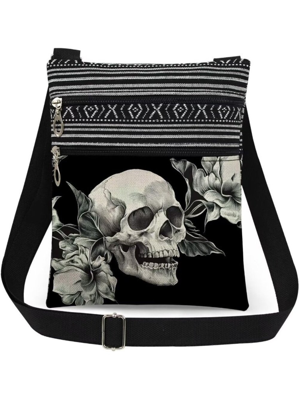 Womens Skull Halloween Skull Pouch Adjustable Strap Crossbody Zipper Bag